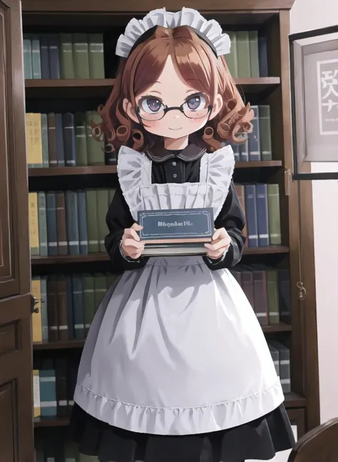 narrow waist, 1girl,
study room, bright, many bookshelves, many books
light smile, looking at viewer, 
traditional maid ,Ginger hair, freckles, glasses,curly hair
<lora:TraditionalMaid:0.9>