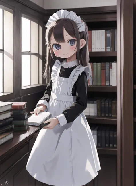 narrow waist, 1girl,
study room, bright, many bookshelves, many books
light smile, looking at viewer, 
traditional maid  <lora:TraditionalMaid:0.8>