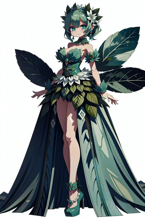 1fairy, reference sheet, matching outfit, (fantasy character design, front angles, side angles, rear angles) mischievous, smug face, sly smile, large head, petite fairy. small breasts, long pointy ears, 1dress, gossamer-thin fabric, intricate leaf patterns, fairy princess gown. Designed to enhance natural grace and complement ethereal beauty. long flowing auburn hair, orange bangs, Shimmering emerald-green eyes. Delicate, translucent wings with leaf and petal patterns. Youthful appearance concealing wisdom. Leafy crown marking her as a former princess. (masterpiece:1.2), (best quality:1.3).