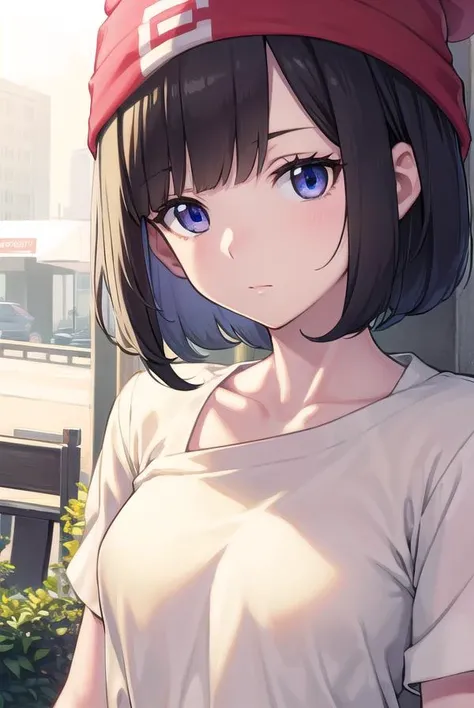 pokemonselene, <lyco:pokemonselene-lyco-nochekaiser:1>,
pokemonselene, black hair, blue eyes, short hair, bangs, blunt bangs, (small breasts:1.2),
BREAK beanie, collarbone, green shorts, hat, red headwear, shirt, short sleeves, shorts, tied shirt, yellow shirt,
BREAK looking at viewer, upper body, full body,
BREAK outdoors, city, sky, sun,
BREAK <lyco:GoodHands-beta2:1>, (masterpiece:1.2), best quality, high resolution, unity 8k wallpaper, (illustration:0.8), (beautiful detailed eyes:1.6), extremely detailed face, perfect lighting, extremely detailed CG, (perfect hands, perfect anatomy),