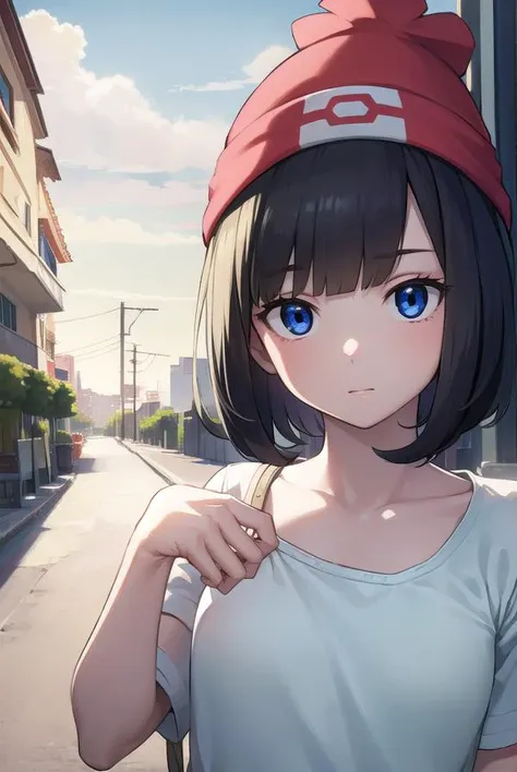 pokemonselene, <lyco:pokemonselene-lyco-nochekaiser:1>,
pokemonselene, black hair, blue eyes, short hair, bangs, blunt bangs, (small breasts:1.2),
BREAK beanie, collarbone, green shorts, hat, red headwear, shirt, short sleeves, shorts, tied shirt, yellow shirt,
BREAK looking at viewer, upper body, full body,
BREAK outdoors, city, sky, sun,
BREAK <lyco:GoodHands-beta2:1>, (masterpiece:1.2), best quality, high resolution, unity 8k wallpaper, (illustration:0.8), (beautiful detailed eyes:1.6), extremely detailed face, perfect lighting, extremely detailed CG, (perfect hands, perfect anatomy),