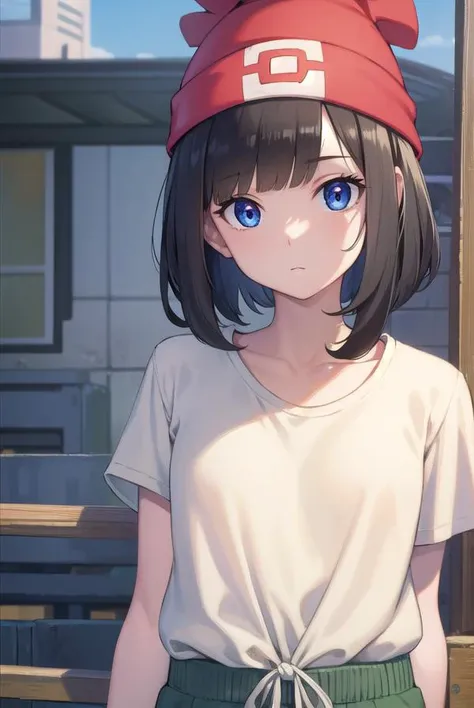 pokemonselene, <lyco:pokemonselene-lyco-nochekaiser:1>,
pokemonselene, black hair, blue eyes, short hair, bangs, blunt bangs, (small breasts:1.2),
BREAK beanie, collarbone, green shorts, hat, red headwear, shirt, short sleeves, shorts, tied shirt, yellow shirt,
BREAK looking at viewer, upper body, full body,
BREAK outdoors, city, sky, sun,
BREAK <lyco:GoodHands-beta2:1>, (masterpiece:1.2), best quality, high resolution, unity 8k wallpaper, (illustration:0.8), (beautiful detailed eyes:1.6), extremely detailed face, perfect lighting, extremely detailed CG, (perfect hands, perfect anatomy),