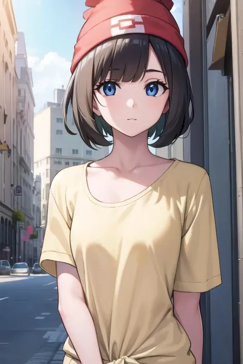 pokemonselene, <lyco:pokemonselene-lyco-nochekaiser:1>,
pokemonselene, black hair, blue eyes, short hair, bangs, blunt bangs, (small breasts:1.2),
BREAK beanie, collarbone, green shorts, hat, red headwear, shirt, short sleeves, shorts, tied shirt, yellow shirt,
BREAK looking at viewer, upper body, full body,
BREAK outdoors, city, sky, sun,
BREAK <lyco:GoodHands-beta2:1>, (masterpiece:1.2), best quality, high resolution, unity 8k wallpaper, (illustration:0.8), (beautiful detailed eyes:1.6), extremely detailed face, perfect lighting, extremely detailed CG, (perfect hands, perfect anatomy),
