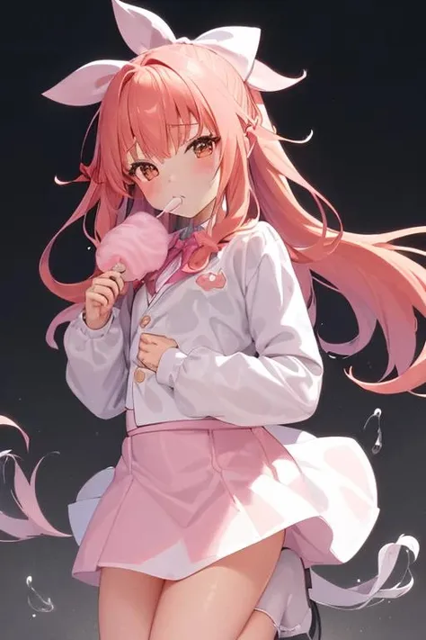 ribbon, bow, (wet outline vector graphics), eating cotton candy, white long sleeves jacket, break, pink long skirt, looking at viewer, hair ribbon, full body, break,
 orange messy hair