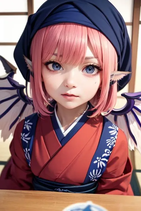 (detailed face, detailed eyes, clear skin, clear eyes), photography, detailed skin,  (sash code:1.3), (white tasuki wings:1.1),  hyperrealism, blurry, indoors, lips,(red kimono:1.3), (okamisty:1.5),pink hair, (OKMS:1.5), (mystia lorelei:1.1), (blue headscarf:1.4),(blue apron:1.4), touhou mystia's izakaya,