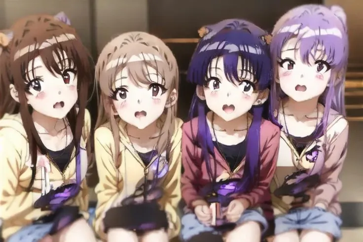 4girls, bangs, blush, brown_eyes, brown_hair, eyebrows_visible_through_hair,  long_hair, looking_at_viewer, microphone, open_mouth, purple_eyes, purple_hair, side_ponytail, ,(megami magazine:1.2),(anime coloring:1.5), (realistic_nose:-1)