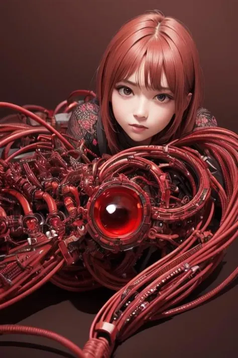 realistic, shaded face, depth of field, beautiful , Extremely detailed, (realistic:1.3), shaded face, depth of field, beautiful ,amazing, (((Extremely detailed))), masterpiece, best quality, one girl, fetal position, looking at viewer, limited color,black and red tone,simple dark red background, line art,biomechanical tattoo,full body, beautifully detailed background,geometric,many eyes, cables connected to body,