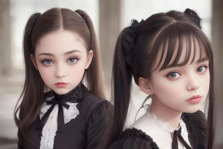 2girls,masterpiece, (photorealistic:1.4), best quality, beautiful lighting, cinema lights, film grain, blurry, indoors, bangs, lips, cheek-to-cheek, (freckles:0.6), ribbon, bow, twintails, multiple girls, looking at viewer, depth of field, blurry background, heads together, closed mouth, hair ribbon, upper body, parted lips, nsfw, (24 years old woman),(gothic dress)