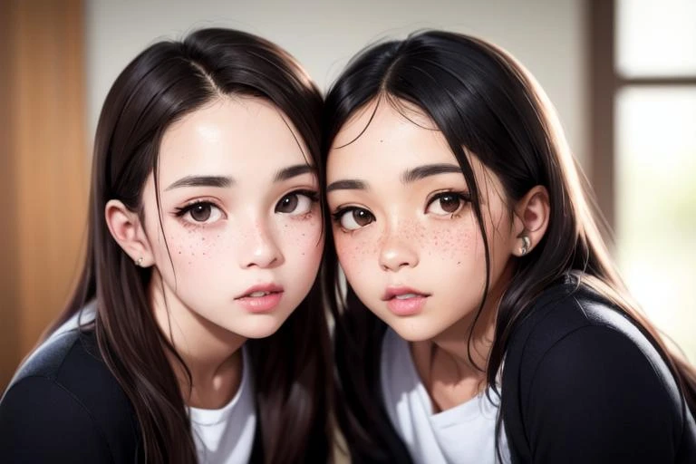 (detailed face, detailed eyes, clear skin, clear eyes), photography, photorealistic, detailed skin, 8k, highly detailed, depth of field, blurry, indoors, lips, cheek-to-cheek, (freckles:0.8), 2girls, multiple girls, looking at viewer, depth of field, blurry background, heads together, parted lips, (dirty Acne on forehead:1.2), (long sleeves:1.1),