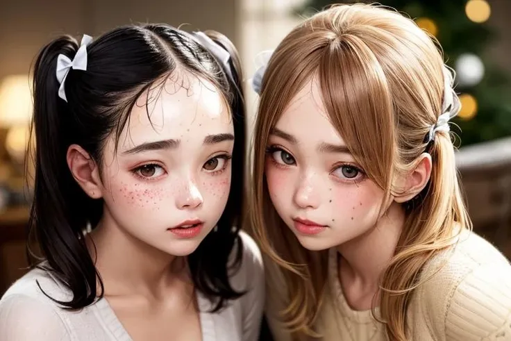 2girls, masterpiece, (photorealistic:1.4), best quality, (beautiful lighting:1.4), cinema lights, film grain, blurry, indoors, lips, cheek-to-cheek, (freckles:0.2), ribbon, bow, twintails, multiple girls, looking at viewer, depth of field, blurry background, heads together, closed mouth, hair ribbon, upper body, parted lips, wide nose, wide face, (Acne on forehead:1.42),