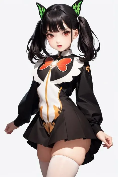 masterpiece, best quality, 1girl, (white outline vector graphics:1.6), ribbon, bow, black long sleeves jacket, full body, brown skirt, looking at viewer, hair ribbon, green butterfly, red eyes,