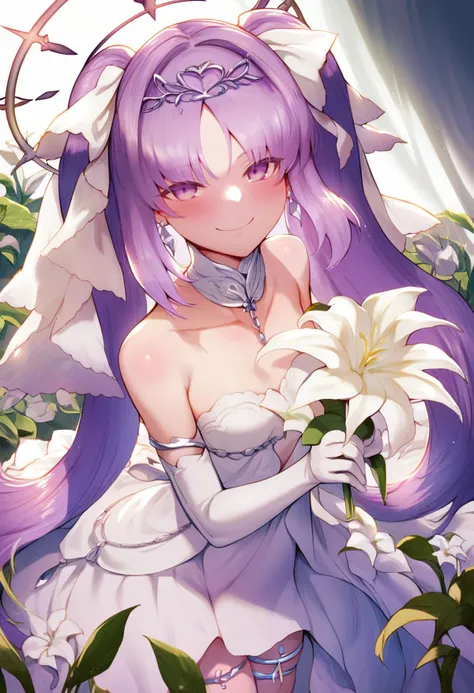 score_9, score_8_up, score_7_up, score_6_up, <lora:MdaStarouXL_P6_lokr_V4312NF:0.95> 1girl, euryale \(fate\), dress, solo, long hair, white dress, twintails, purple hair, elbow gloves, looking at viewer, purple eyes, gloves, white gloves, flower, bare shoulders, thighlet, blush, very long hair, jewelry, smile, small breasts, halo, breasts, tiara, holding, parted bangs, lily \(flower\), holding flower, sidelocks, strapless dress, white flower, earrings, bracelet, hairband, ribbon, hair ribbon, strapless