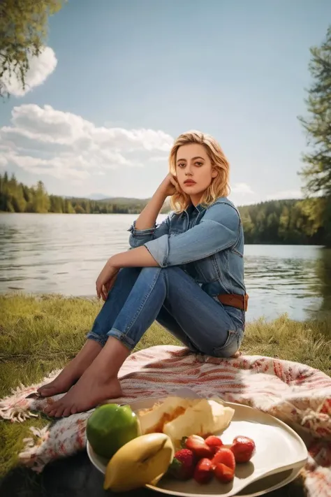 <lora:LiliReinhartSDXL:1> LiliReinhart  a beautiful woman wearing a shirt and jeans, water, lake, picnic, outdoors, sun, wide angel lens, film, hi detail, sharp focus, perfect lighting, awesome, dslr, 4k high quality. extra detail, extra sharp, magical, perfect moment, natural skin, pores