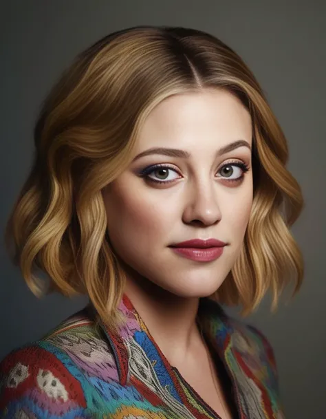 LiliReinhart, portrait,close up of a Monstrous tall Female, behance, Nonchalant Short bob hairstyle, Folk Art, short lighting, dark rainbow hue, <lora:LiliReinhartSDXL:1>