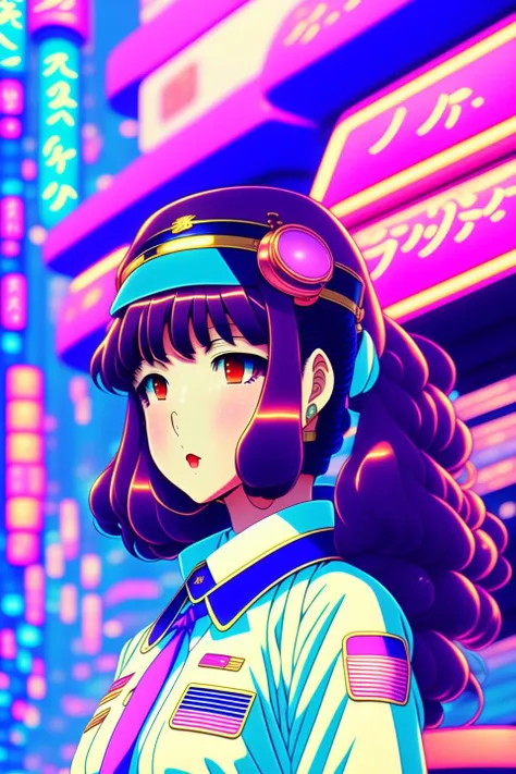 Vintage 90's anime style. girl on the streets of Tokyo wearing formal sailor uniform; sci-fi, colors, neon lights. line art, pastel colours