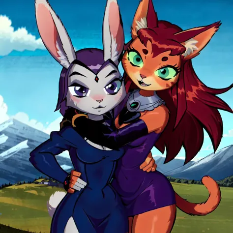 (2girls), (perfect hourglass body), (detailed body fur), (detailed hair), (perfect eyes),
fighting pose, action pose,
mountain pastures, light blue sky
BREAK
(masterpiece:1.2), (best quality:1.2), (intricate:1.2), (highly detailed:1.2), (sharp:1.2), (8k:1.2), (highres:1.2),
cinematic summer lighting, vivid colors
BREAK
(anthro rabbit), purple hair, short hair, purple eyes, grey skin, (long rabbit ears:1.2), rabbit snout, small rabbit tail, medium breast, (fluffy fur:1.2), forehead jewel, perfect hourglass body, happy eyes, 
black gloves, (red long dress:1.3),  pearl necklace,
<lora:Raven:1> [anthro rabbit : rachelroth : 0.7]
BREAK
(anthro cat), red hair, long hair, green eyes, orange skin, (cat ears:1.2), (detailed fluffy fur), happy eyes,
<lora:StarfireTT:1> [anthro cat : starfire : 0.7],
black gloves, red dress, pearl necklace, purse