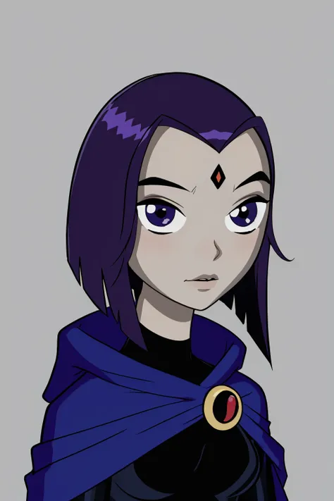 masterpiece, best quality, 1girl, rachelroth, purple hair, short hair, purple eyes, (grey skin), (colored skin), forehead jewel, leotard, cape, closeup, sketch, solo, simple background <lora:Raven:1>