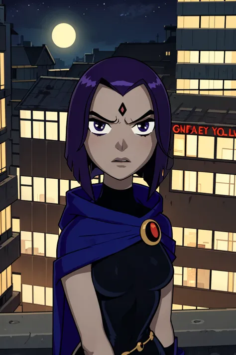 masterpiece, best quality, 1girl, rachelroth, purple hair, short hair, purple eyes, grey skin, forehead jewel, cape, (angry:0.5), solo, looking at viewer, solo, night, moon, dark sky, city light, buildings, city below <lora:Raven:1>