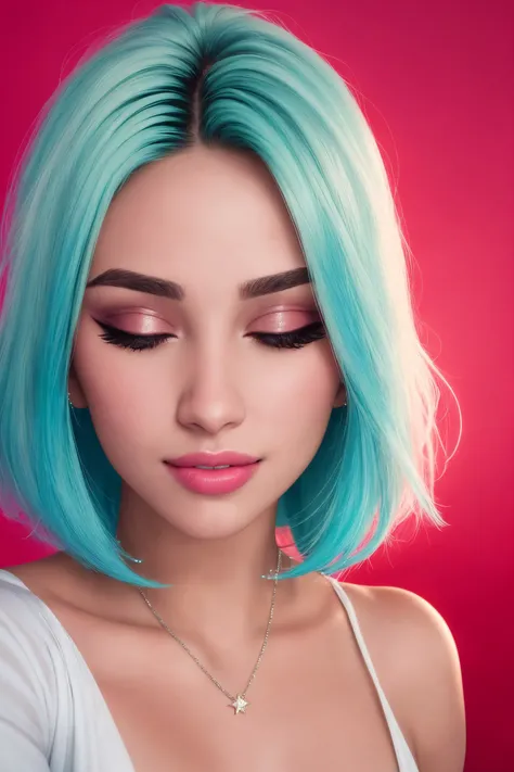 photorealistic, ultra realistic, glowing cyan hair, closed eyes, ([Mila( :0)Kunis|Emily( :0)Blunt|Ariana( :0)Grande]:0.9), 21 year old woman, sparkling starburst green eyes, red theme, eyeshadow, mascara, plush lips, pink lipstick, smile, straight white teeth, realistic skin texture, skin pores, shiny skin, selfie, red dress, photo shoot, red background, alluring, attractive, amazing photograph, masterpiece, best quality,