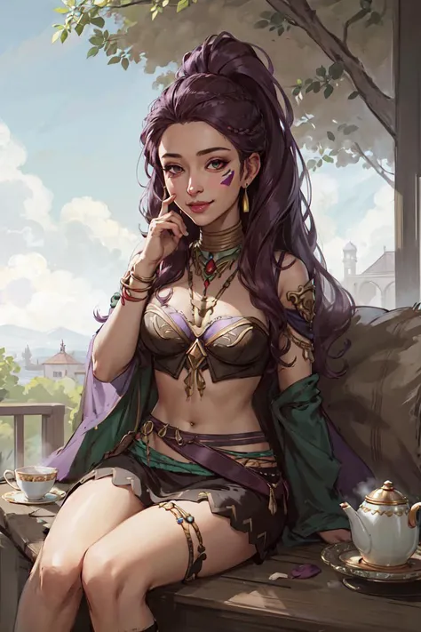 petra_timeskip, facial marks, long hair, tribal jewelry, brown crop top, sash, purple miniskirt, vambraces, <lora:petra-nvwls-v1-final:0.851>
tea, teapot, teacup, steam, drunk, sitting, bean_bag_chair,, (masterpiece:1.3), (best_quality:1.3), (ultra_detailed:1.3), 8k, extremely_clear, realism, (ultrarealistic:1.3),, 1girl, solo, wide_shot,, seductive_smile,