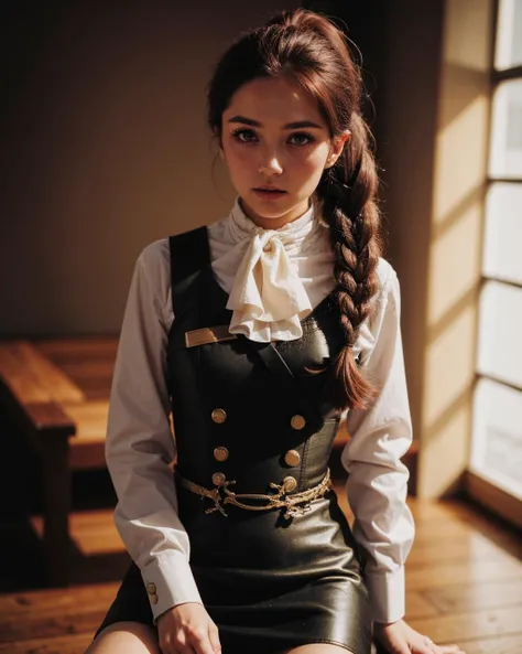 <lora:petra-nvwls-v1-final:1>,
petra_academy, braided ponytail, facial mark, ascot, white shirt, black high-waist skirt, black boots ,
film grain, 4k, RAW, (high detailed skin:1.2), 8k uhd, dslr, soft lighting, <lora:FilmG2:0.4>
(masterpiece), (best quality:1.4), absurdres, (intricate details:0.2)