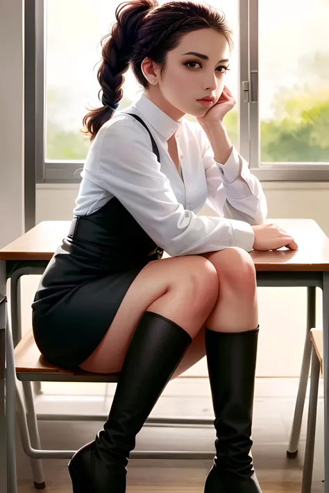 1 girl, solo, classroom, siiting on desk, petra_academy, braided ponytail, facial mark, ascot, white shirt, black high-waist skirt, black boots <lora:petra-nvwls-v1-final:0.9>, (((photorealistic, hyper-realistic, RAW photo:1.2))),masterpiece, best quality, intricate details, 8k uhd, perfect face, perfect eyes,