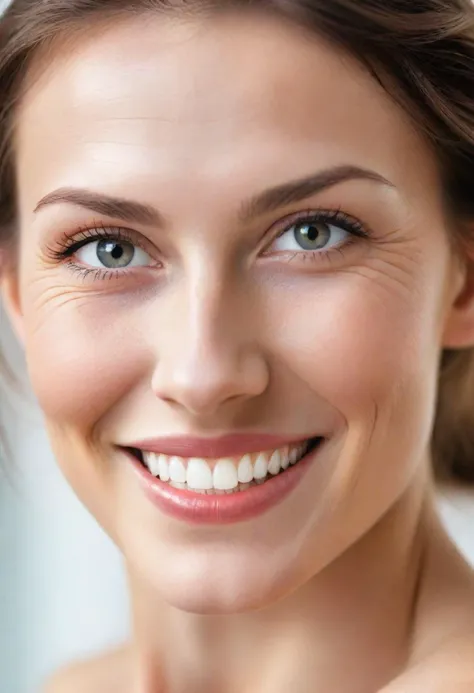 close-up portrait of a woman with striking features. She has fair skin, high cheekbones, and a warm, inviting smile that reveals pearly white teeth.
