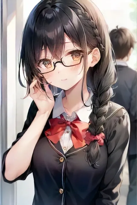 street, 130mm f1.4 lens, ,(shiny skin:1.3),, (teen age, school uniform:1.2), (glasses, black hair, medium hair with queue and braid, disheveled hair, hair scrunchie, tareme:1.2), looking at viewer,, Calm, Slight smile,