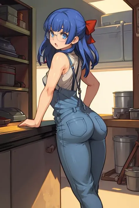 1girl, masterpiece, best quality, highly detailed, illustration, maria custard, indoors, garage, standing, overalls, from behind, looking back, ass, leaning forward, gears, mechanic, glasses, hair ribbon, :o, <lora:Maria:0.7>