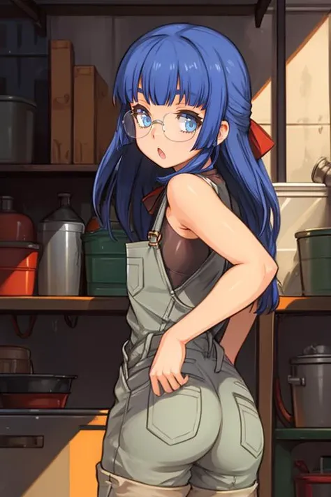 1girl, masterpiece, best quality, highly detailed, illustration, maria custard, indoors, garage, standing, overalls, from behind, looking back, ass, leaning forward, gears, mechanic, glasses, hair ribbon, :o, <lora:Maria:0.7>