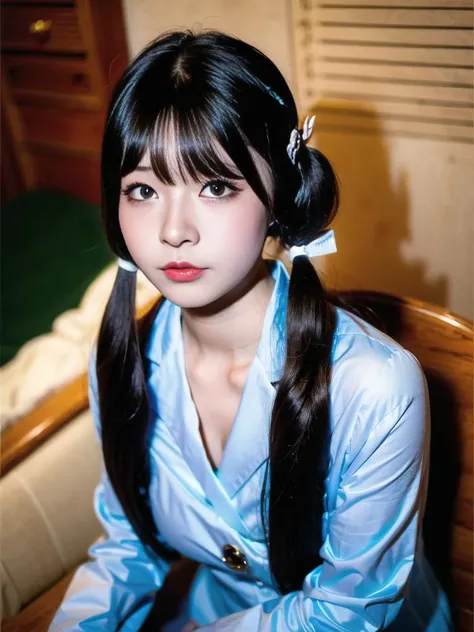 best quality, (photorealistic:1.2), 1girl, solo, detailed face, face focus, standing, black hair,(hair ornament:1.35), twin tails, Japanese clothes, ribbon-trimmed sleeves, detached sleeves, ribbon trim, wide sleeves, (looking at viewer:1.5) long hair, black eyes, bangs, lips,