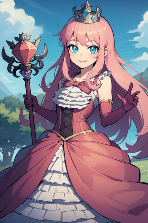 masterpiece, best quality, highres, looking at viewer, pterraria, aqua eyes, pink hair, crown, pink bow, pink dress, elbow gloves, frills, smile, outdoors, scepter, holding scepter<lora:Princess-14:0.9>