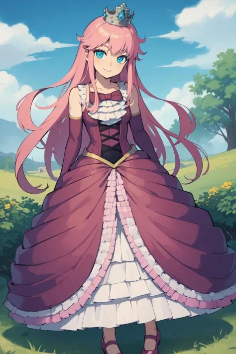masterpiece, best quality, highres, looking at viewer, pterraria, aqua eyes, pink hair, crown, pink bow, pink dress, elbow gloves, frills, purple footwear, smile, outdoors<lora:Princess-14:0.9>