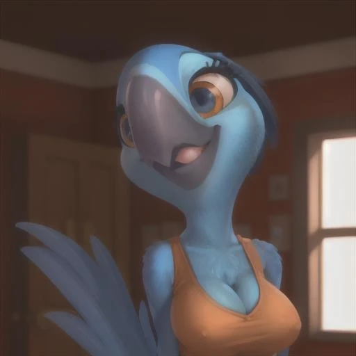 Portrait of Bia <lora:Bia Rio V1:0.7>, cartoon, cgi, female macaw, blue feathers, large pupils, front view, detailed, high quality, 4k, sweet smile, wooden house, interior, eyelashes, anthro, orange clothes, medium breasts