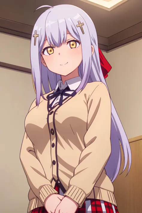 Perfect composition, prefect anatomy, extremely detailed face, (illustration), high-res, 1girl, solo, upper body, from below, (((closed up, looking down at viewer))), yellow eyes, ahoge, long hair, light purple hair, silvery cross hair ornament, red hair bow, hair between eyes, parted lip, weird happy smile, happy eyes, beige cardigan, neck ribbon, black ribbon, collared shirt, white shirt, long sleeves, large breasts, plaid skirt, pleated skirt, red skirt, playing, enchanting expressionless, indoor, after school, focus sharp, advanced cg, amazing quality.
<lora:Raphiel Shiraha Ainsworth(gd):0.8> <lora:spussy:0.8>