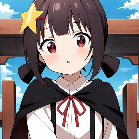 masterpiece, 1girl, black hair, komekko, red eyes, black hair, petite, long sleeves, dress shirt, suspender skirt, red ribbon, black cape, facing viewer, looking at viewer, portrait, upper body, outdoors, blue sky, sky, clouds, <lora:KomekkoSDXL:0.7>, anime coloring,