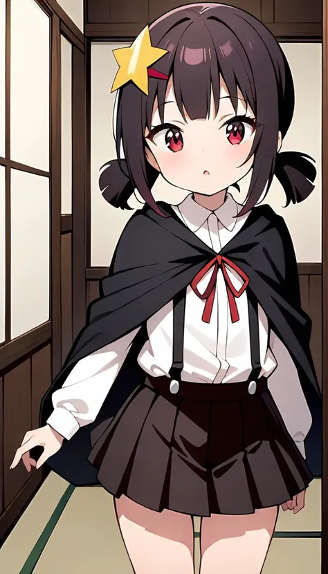 masterpiece, 1girl, black hair, komekko, red eyes, black hair, petite, long sleeves, dress shirt, suspender skirt, red ribbon, black cape, facing viewer, looking at viewer, cowboy shot, indoors, japanese house, <lora:KomekkoSDXL:0.7>, anime coloring,