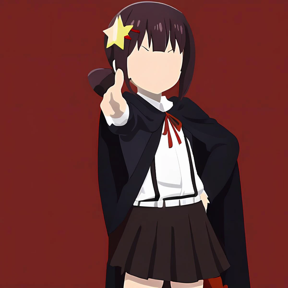 masterpiece, flat style, (1girl), komekko, school uniform, black skirt, pleated skirt, red ribbon, black cloak, suspenders, skirt suspenders, red background, official wallpaper,<lora:minimalist_flat_style_SDXL:0.8>, <lora:komekkoSDXL:0.8>