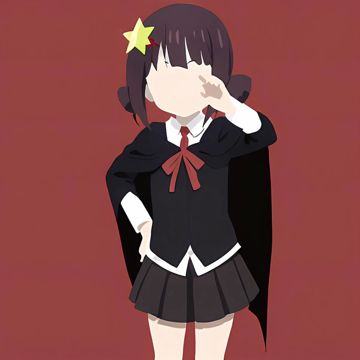 masterpiece, flat style, (1girl), komekko, school uniform, black skirt, pleated skirt, red ribbon, black cloak, suspenders, skirt suspenders, red background, official wallpaper,<lora:minimalist_flat_style_SDXL:0.8>, <lora:komekkoSDXL:0.8>