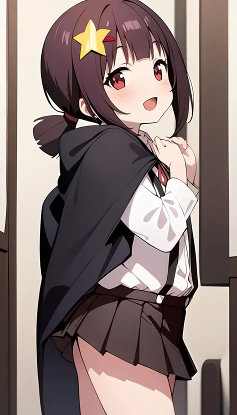<lora:komekkoSDXL:0.8>, masterpiece, absurdres, high quality, 1girl, komekko, school uniform, black skirt, pleated skirt, red ribbon, black cloak, cowboy shot, :d, suspenders, skirt suspenders, from side