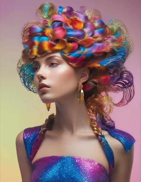 (modern art, masterpiece, best quality, hyper realistic, raw photo, ultra detailed, extremely detailed, intricately detailed), (photorealistic:1.4), fashion photography of a stunningly beautiful women, (crazy alternate hairstyle:1.4), a unique form reminiscent of something from a sci-fi movie, <lora:hair_style:0.95>, beautiful and breathtaking hairstyle, pinterest hairstyles, hairstyle inspired by Samuel Earp and John Galliano, shampoo, blunt ends, side ponytail, highlights, stunning intricate full color, (intricate detailed hair:1.4), kaleidoscope, irresistibly tempting, understated appeal, striking juxtapositions, evocative hues, vivid illumination, creative refinement, striking juxtapositions, evocative hues, captivating coloration, pure, Innocent, aesthetic, romanticism, fairy, idol, beautiful detailed face, small face, artistic, perfect anatomy, goddess, calm, composed, like a cat, highly detailed Midi skirt, tucked in t-shirt, and sandals. designed by Matthew Williamson and Gucci Westman and Antoni Gaud, layered, textural, face focus, depth of field, symmetrical, golden ratio, 8k resolution, octane render, extremely high-resolution details, realism pushed to extreme, fine texture, incredibly lifelike, (soft window natural lighting:1.4), dynamic angle, film grain, FujiFilm XT4, taken by Isadora Romero, wakame,