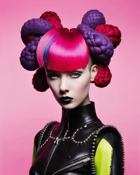 crazy alternate punk hairstyle, fashion photography, hairstyle inspired by Kaws and E.E. "Doc" Smith <lora:hair_style:1.0>
