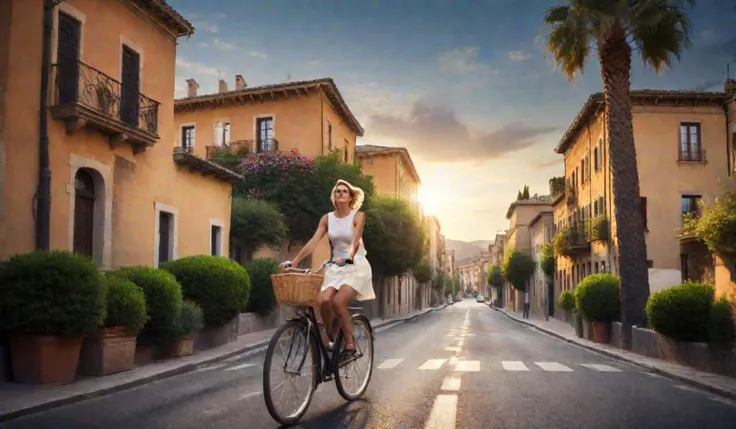 exterior, scenic photograph of one 18 years old girl on a bike in italy, whole figure, in motion, ((bicycle)), ((small breasts)), white sleeveless tshirt, pale orange skirt, snickers, background, steep ((paved street)) in town in Italy, scenery, historic, outdoors, park, ((garden)), ((flowers)), ((sunset)), short blond hair, Pixie Cut aircut, ((sky)), award-winning, professional, highly detailed, eye-catching, ligth depth of field, vignette, epic, gorgeous, architecture, film grain, grainy <lora:hair_style:0.7> <lora:FF.101.juggernautXL_version6Rundiffusion.LORA:0.0> <lora:HDRv1:0.5> <lora:Nature SDXL:0.8> realistic <lora:WDR_Scenery_all-inclusive:0.6> SK_CINEMATIC