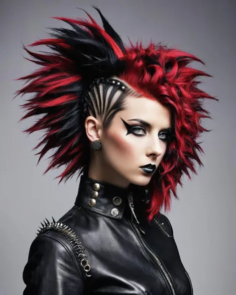crazy alternate punk hairstyle, fashion photography, hairstyle inspired by Avery Singer and Luc Besson <lora:hair_style:1.0>