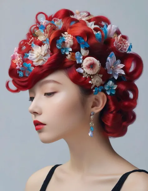 (masterpiece, best quality, hyper realistic, raw photo, ultra detailed, extremely detailed, intricately detailed), (photorealistic:1.4), fashion photography of a stunningly beautiful women, stunning intricate full color, beautiful and breathtaking hairstyle, (intricate detailed hair:1.4), crazy alternate hairstyle, hairstyle inspired by William James Glackens and Vadim Meller,<lora:hair_style:0.9>, jewfro, absurdly long hair, hair brush, ringlets, red hair, highlights, smile, pure, Innocent, aesthetic, romanticism, fairy, idol, beautiful detailed face, like a cat, small face, artistic, perfect anatomy, goddess, calm, composed, highly detailed Tapered pants, crop top, and mules. designed by PAUL SMITH and Andrew Christian and Kawakubo Rei, layered, textural, face focus, depth of field, symmetrical, golden ratio, 8k resolution, octane render, extremely high-resolution details, realism pushed to extreme, fine texture, incredibly lifelike, (soft window natural lighting:1.4), dynamic angle, film grain, FujiFilm XT3, taken by Valeria Zalaquett,
