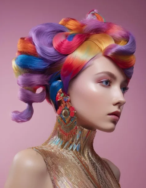 (modern art, masterpiece, best quality, hyper realistic, raw photo, ultra detailed, extremely detailed, intricately detailed), (photorealistic:1.4), fashion photography of a stunningly beautiful women, (crazy alternate hairstyle:1.4), a unique form reminiscent of something from a sci-fi movie, <lora:hair_style:0.95>, beautiful and breathtaking hairstyle, pinterest hairstyles, hairstyle inspired by Thornton Oakley and  Vivienne Westwood, hair down, hair flaps, low-braided long hair, rainbow hair, stunning intricate full color, (intricate detailed hair:1.4), kaleidoscope, irresistibly tempting, understated appeal, striking juxtapositions, evocative hues, vivid illumination, creative refinement, striking juxtapositions, evocative hues, captivating coloration, pure, Innocent, aesthetic, romanticism, fairy, idol, beautiful detailed face, small face, artistic, perfect anatomy, goddess, calm, composed, like a cat, highly detailed Boyfriend blazer, skinny jeans, and ankle boots. designed by Matthew Williamson and Pierre Cardin and Michelangelo Buonarroti, layered, textural, face focus, depth of field, symmetrical, golden ratio, 8k resolution, octane render, extremely high-resolution details, realism pushed to extreme, fine texture, incredibly lifelike, (soft window natural lighting:1.4), dynamic angle, film grain, FujiFilm XT4, taken by Margaret Courtney-Clarke, wakame,