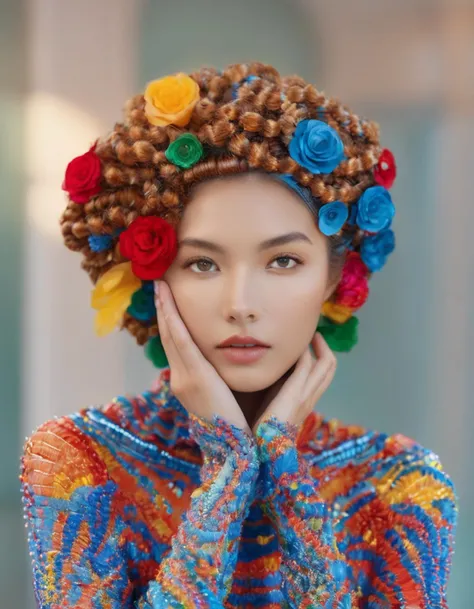 (masterpiece, best quality, hyper realistic, raw photo, ultra detailed, extremely detailed, intricately detailed), (photorealistic:1.4), fashion photography of a stunningly beautiful women, stunning intricate full color, beautiful and breathtaking hairstyle, (intricate detailed hair:1.4), crazy alternate hairstyle, hairstyle inspired by Briana Mora and Arthur Frank Mathews,<lora:hair_style:0.9>, ringlets hair, bald, hair dryer, drill hair, silver hair, colored inner hair, smile, pure, Innocent, aesthetic, romanticism, fairy, idol, beautiful detailed face, like a cat, small face, artistic, perfect anatomy, goddess, calm, composed, highly detailed Tapered trousers, t-shirt, and mules. designed by PAUL SMITH and Pierre Cardin and Angus Lloyd, layered, textural, face focus, depth of field, symmetrical, golden ratio, 8k resolution, octane render, extremely high-resolution details, realism pushed to extreme, fine texture, incredibly lifelike, (soft window natural lighting:1.4), dynamic angle, film grain, FujiFilm XT3, taken by Huynh Cong Ut,