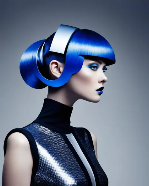 crazy futuristic hairstyle, fashion photography, hairstyle inspired by Tomoo Gokita and Neal Stephenson <lora:hair_style:1.0>