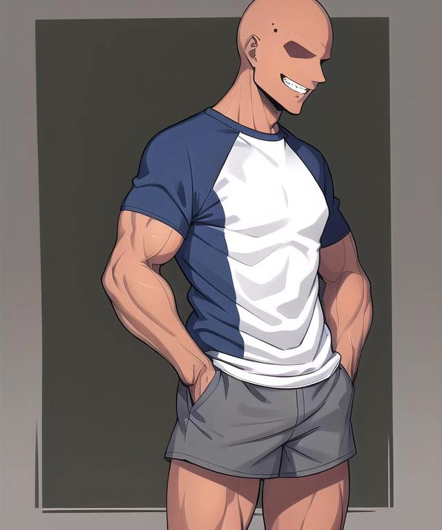 faceless male, raglan shirt, shorts, grin, solo,  hands on pockets, bald, no eyes, eyeless, dark skin, muscular
<lora:faceless-11:1>