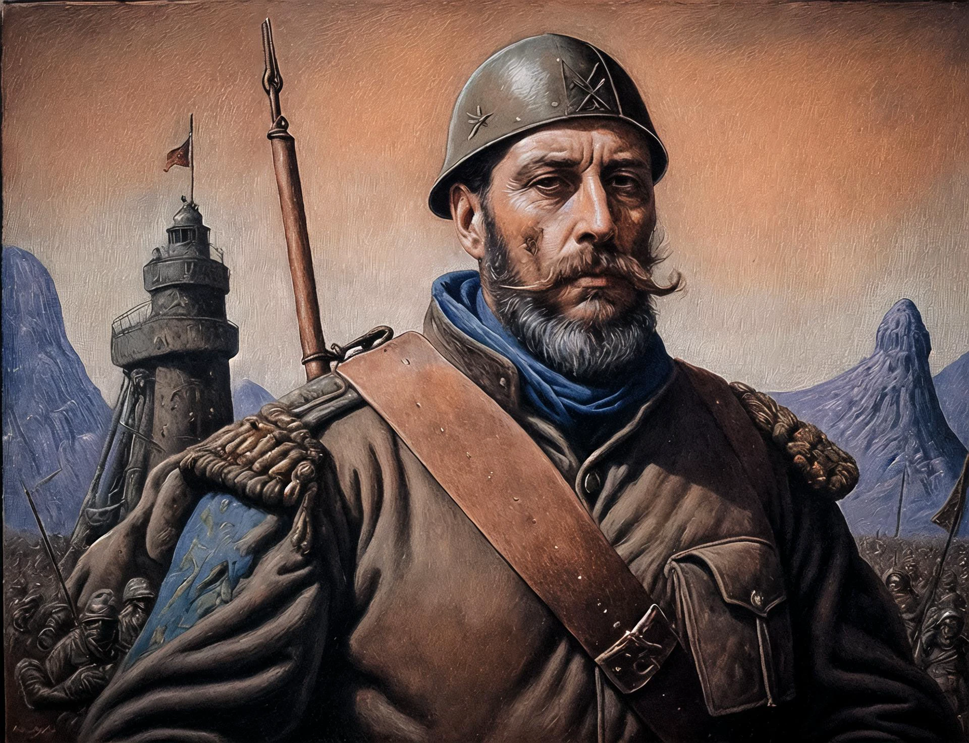 <lora:methurlant:0.7>, methurlant, an heroic ww1 french soldier holding a giant flag with his hands is on the battlefield with army in the background, propaganda, epic, war, explosions, beard, mustache, blue uniform, absurd landscape, planet in the background, Snow, Cubist, Ouroboros, Ethereal,Dystopian,Abyss, (Muted colors:1.1), (Hierarchy:1.1), (Glazing:1.1), (Lantern light:1.2), Leather, Square, ultra detailed, intricate, oil on canvas, dry brush, (surrealism:1.1), (disturbing:1.1) <lora:ww1_french_soldier_v0.2:0.25>